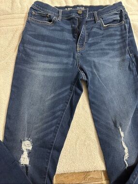 a.n.a Mid-Dark Blue Skinny Jeans with Distressed Knees